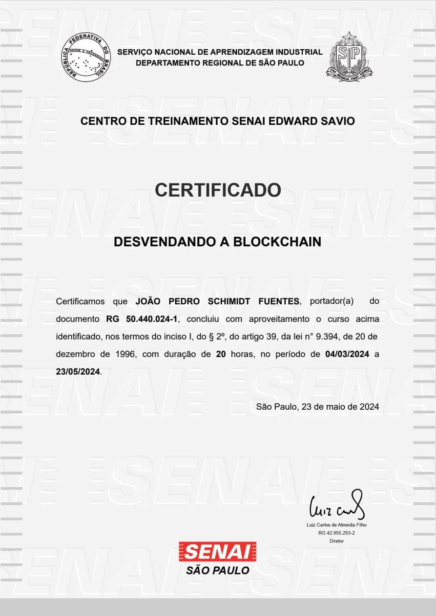 Certificado SENAI Desvendando a Blockchain
