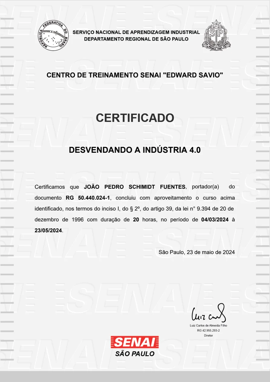 Certificado SENAI Indústria 4.0