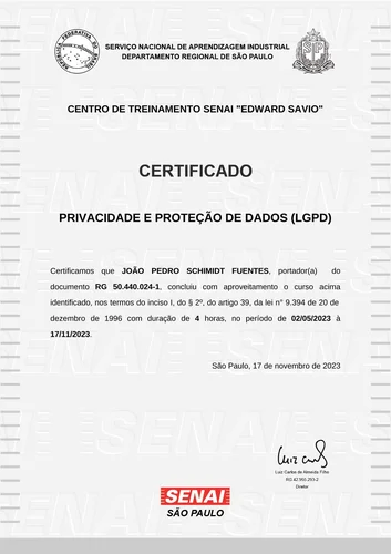 Certificado SENAI LGPD
